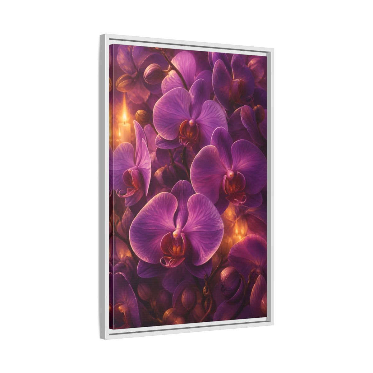 Side Mockup 10. Floral Purple Orchids Purple Orchid Candlelight shown as stretched canvas wall art