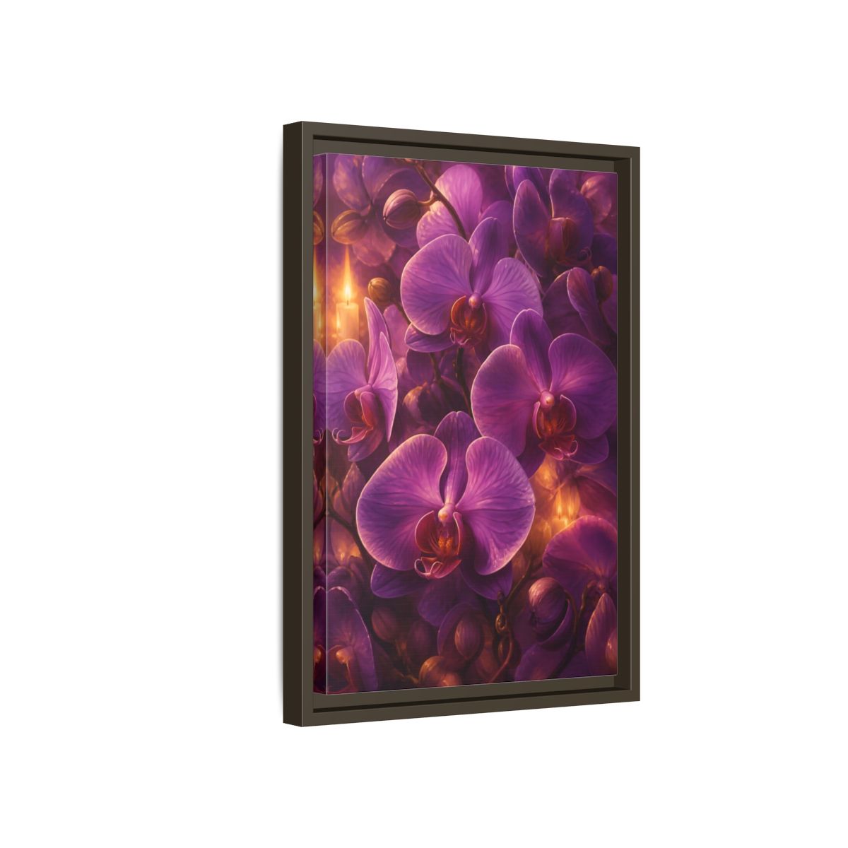 Side Mockup 5. Floral Purple Orchids Purple Orchid Candlelight shown as stretched canvas wall art