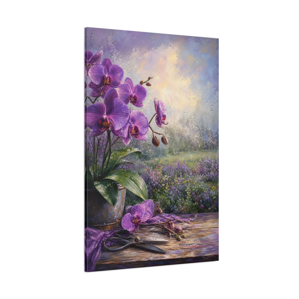 Side Mockup 1. Floral Purple Orchids Purple Orchid shown as stretched canvas wall art