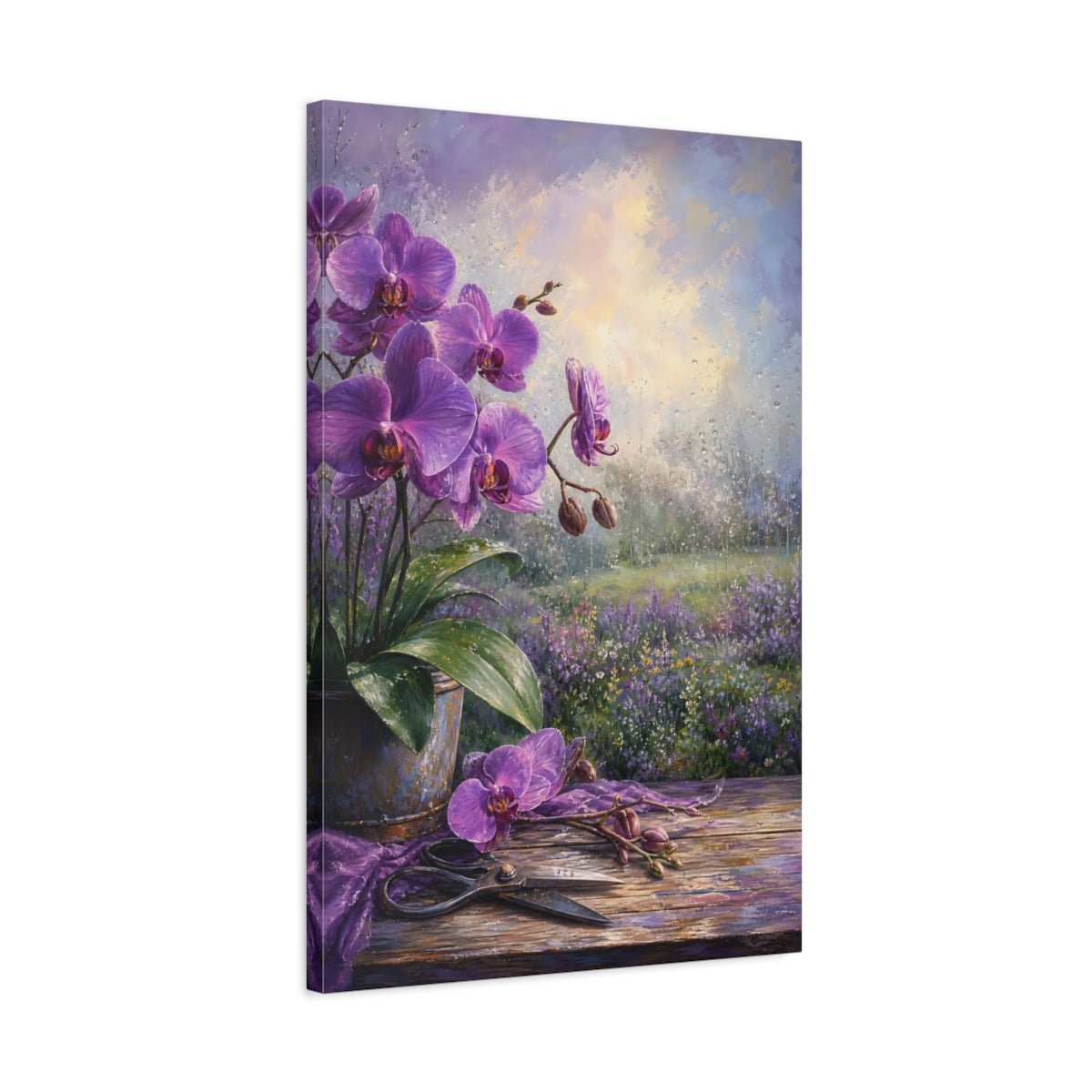 Side Mockup 2. Floral Purple Orchids Purple Orchid shown as stretched canvas wall art