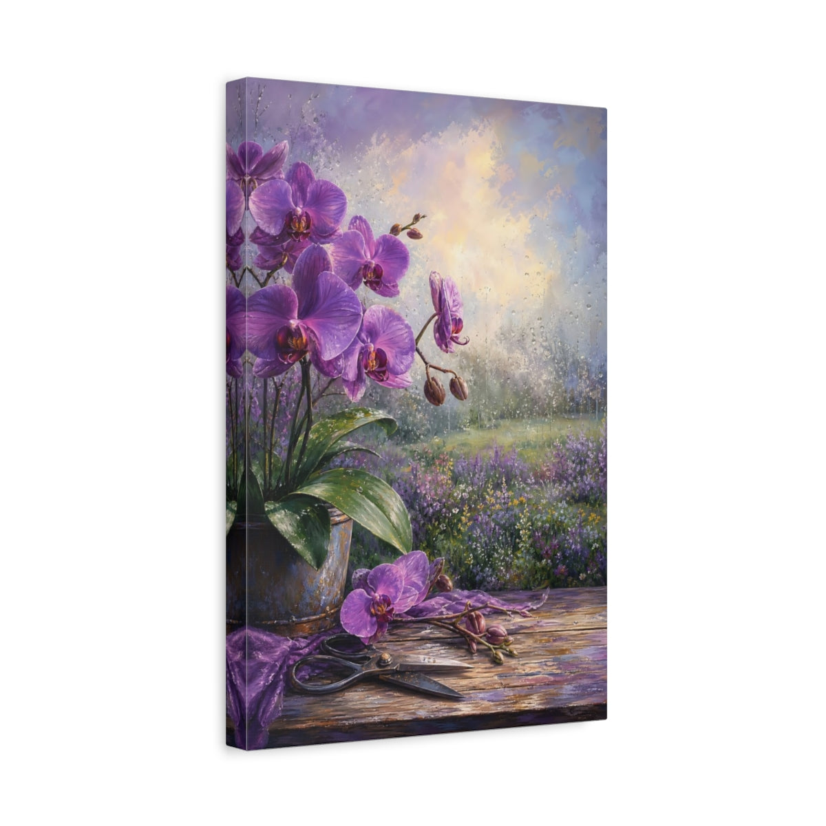 Side Mockup 4. Floral Purple Orchids Purple Orchid shown as stretched canvas wall art