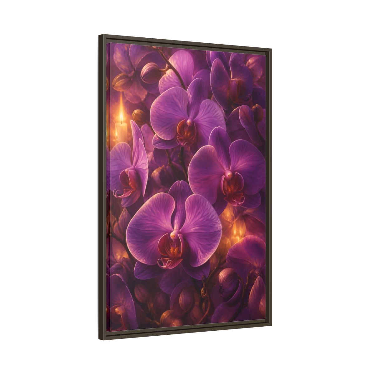 Main Mockup. Floral Purple Orchids Purple Orchid Candlelight shown as stretched canvas wall art