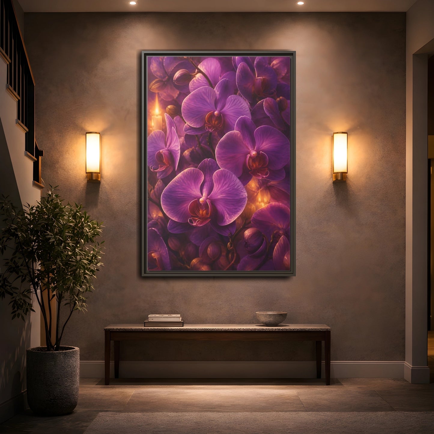 Mockup 2. Floral Purple Orchids Purple Orchid Candlelight shown as stretched canvas wall art