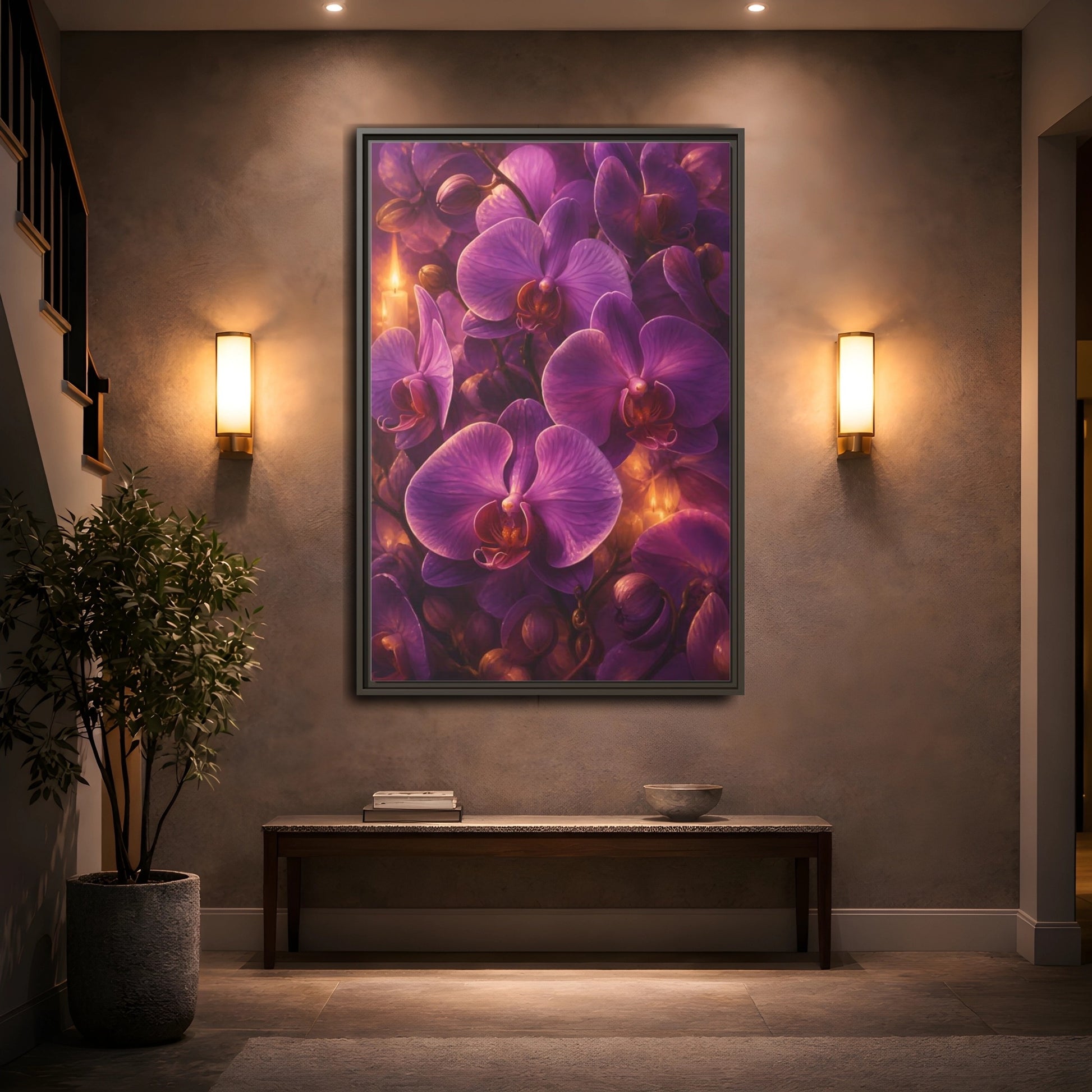 Mockup 2. Floral Purple Orchids Purple Orchid Candlelight shown as stretched canvas wall art