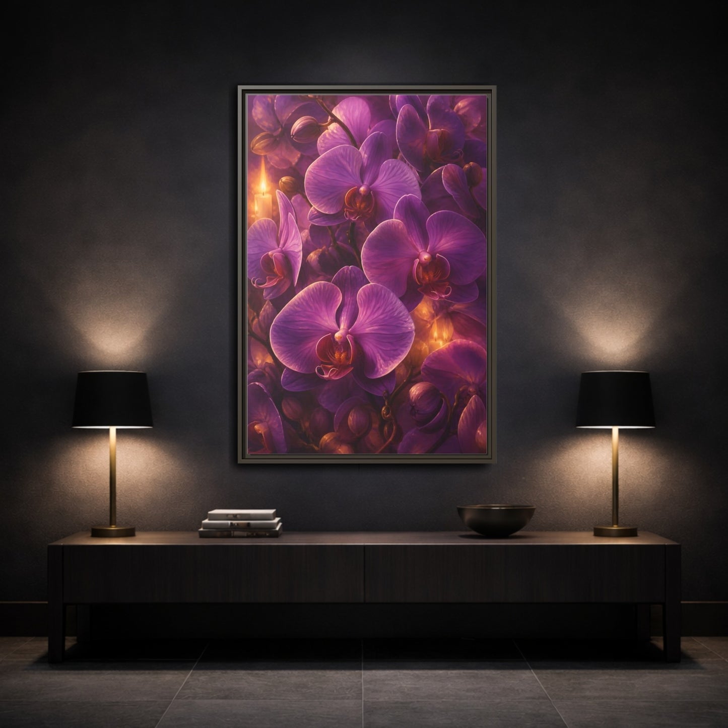 Mockup 3. Floral Purple Orchids Purple Orchid Candlelight shown as stretched canvas wall art