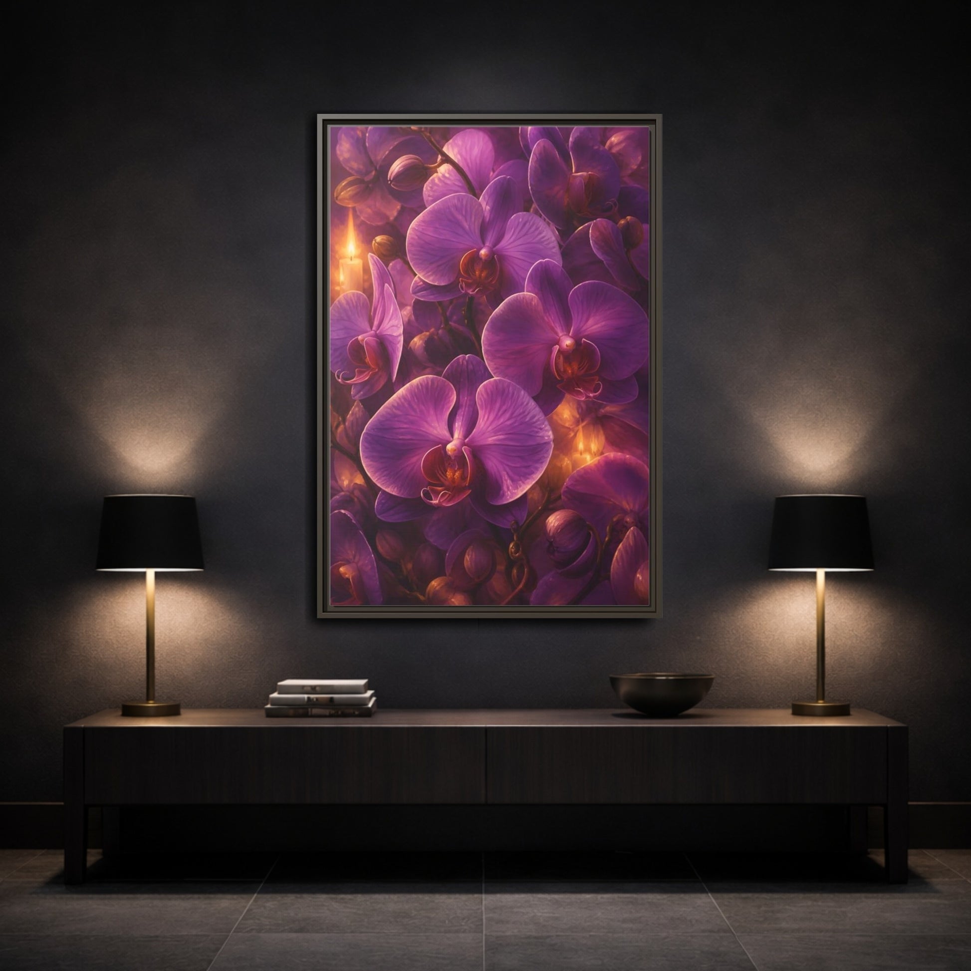 Mockup 3. Floral Purple Orchids Purple Orchid Candlelight shown as stretched canvas wall art