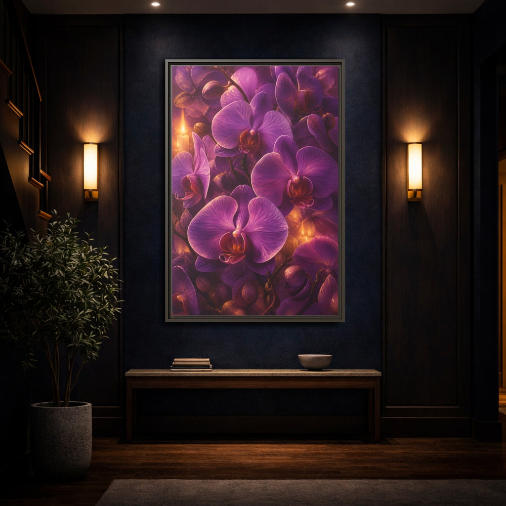 Mockup 4. Floral Purple Orchids Purple Orchid Candlelight shown as stretched canvas wall art
