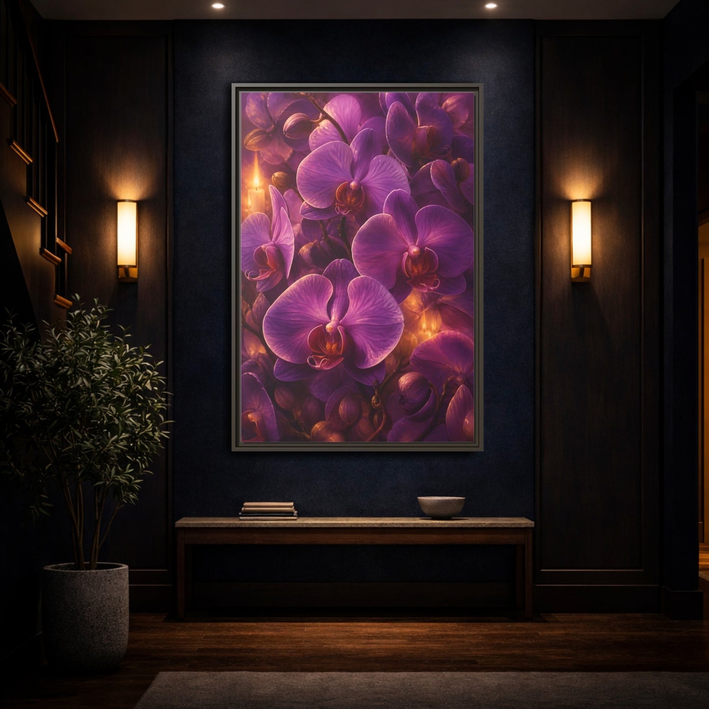 Mockup 4. Floral Purple Orchids Purple Orchid Candlelight shown as stretched canvas wall art
