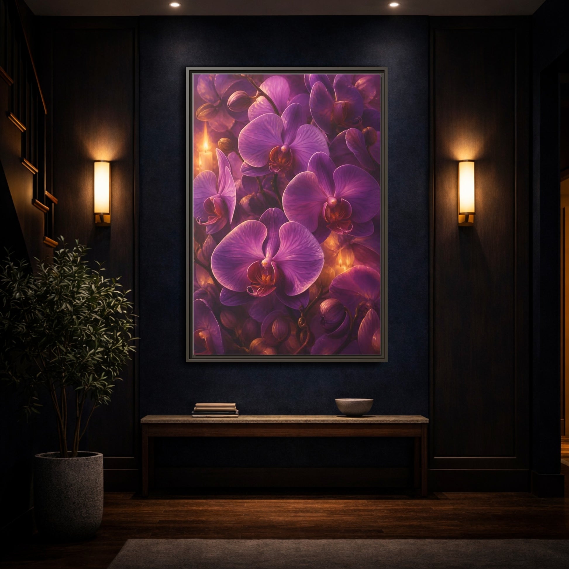 Mockup 4. Floral Purple Orchids Purple Orchid Candlelight shown as stretched canvas wall art