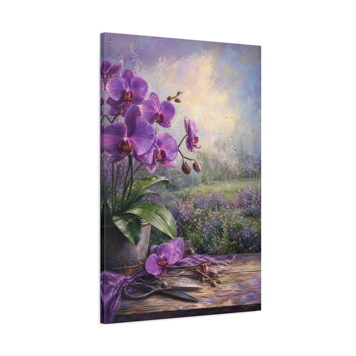 Main Mockup. Floral Purple Orchids Purple Orchid shown as stretched canvas wall art