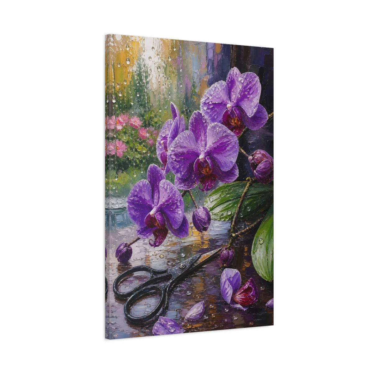 Main Mockup. Floral Purple Orchids Purple Orchid Rain shown as stretched canvas wall art