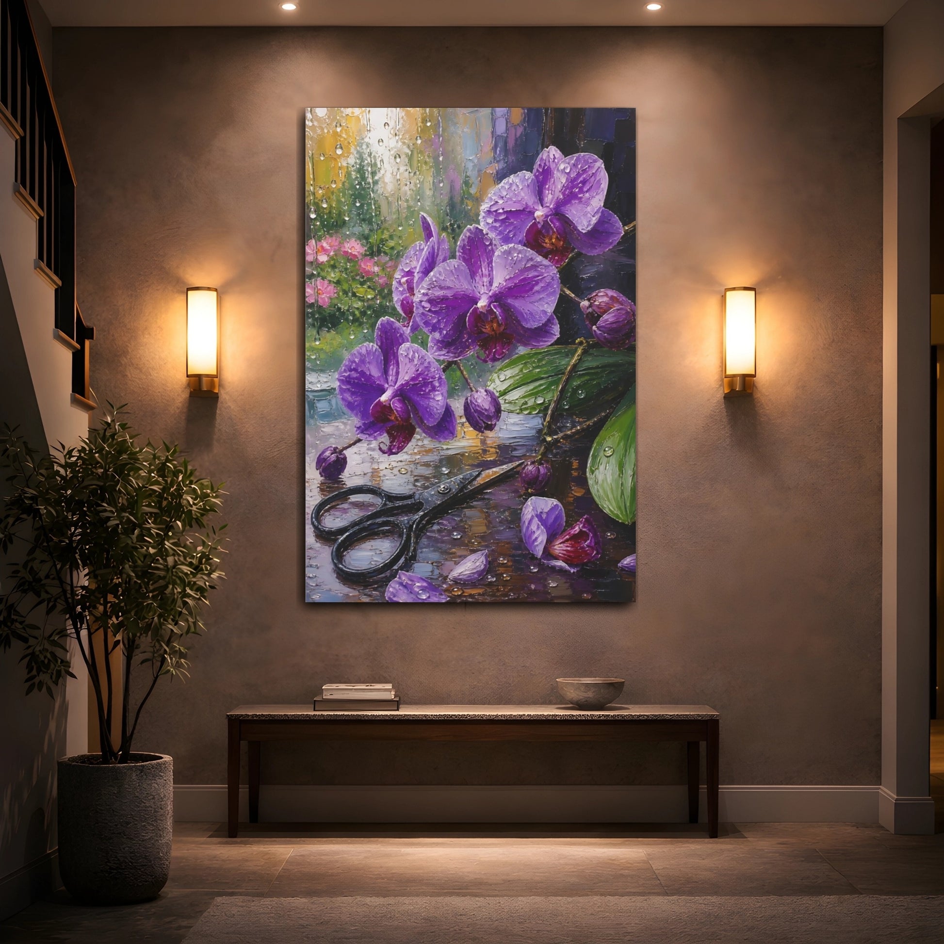 Mockup 2. Floral Purple Orchids Purple Orchid Rain shown as stretched canvas wall art