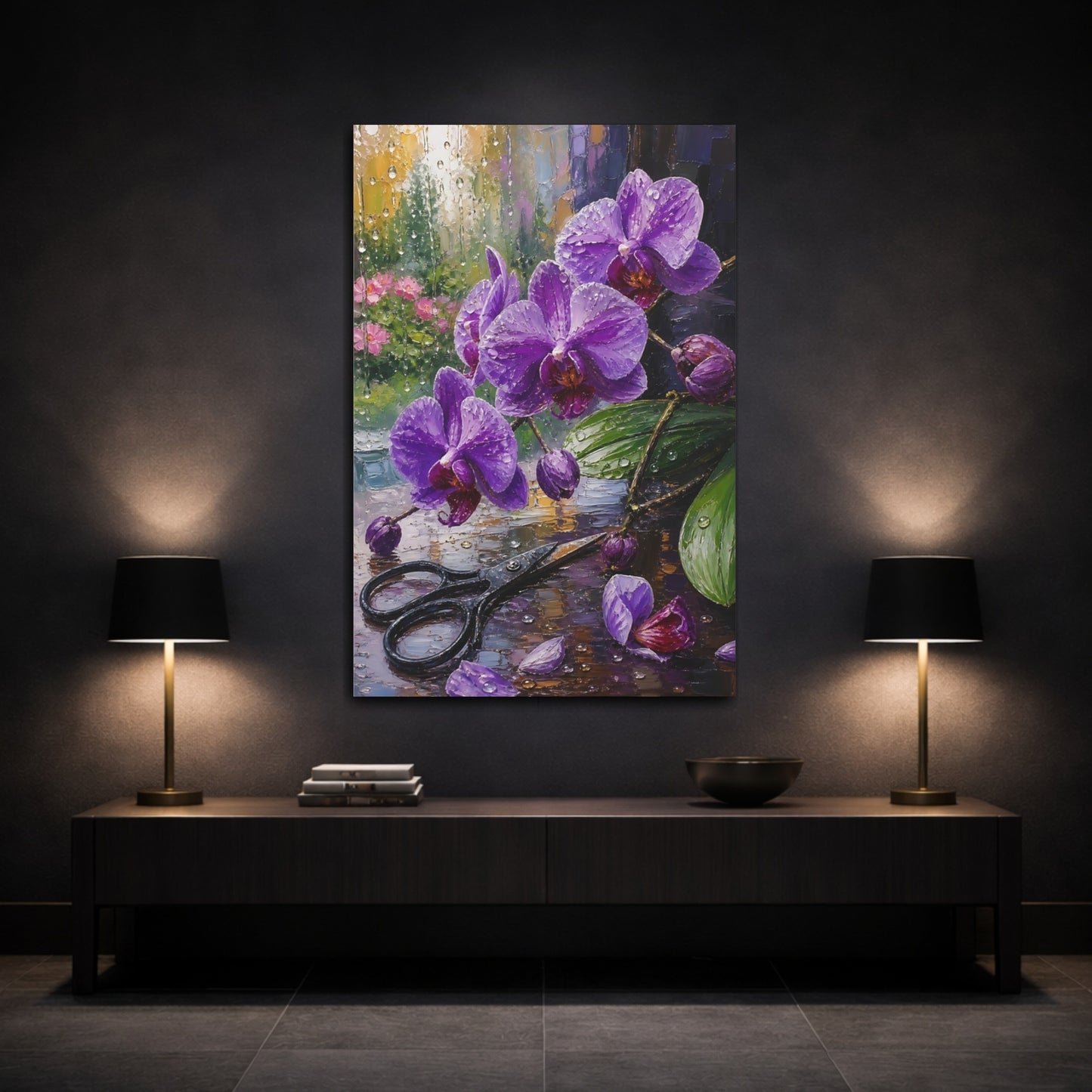 Mockup 3. Floral Purple Orchids Purple Orchid Rain shown as stretched canvas wall art