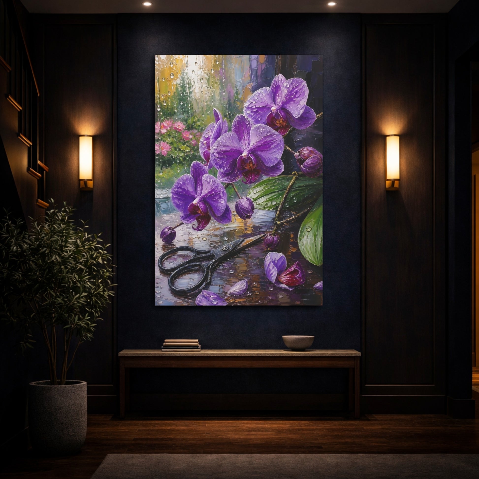 Mockup 4. Floral Purple Orchids Purple Orchid Rain shown as stretched canvas wall art