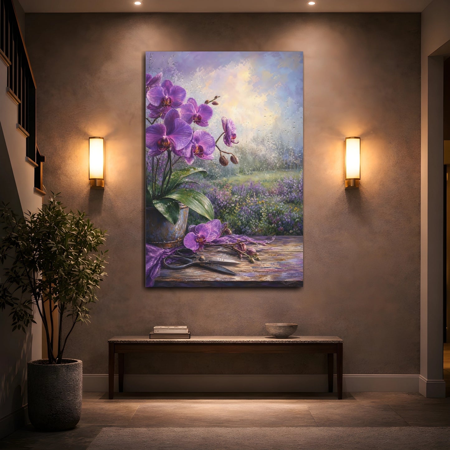 Mockup 2. Floral Purple Orchids Purple Orchid shown as stretched canvas wall art