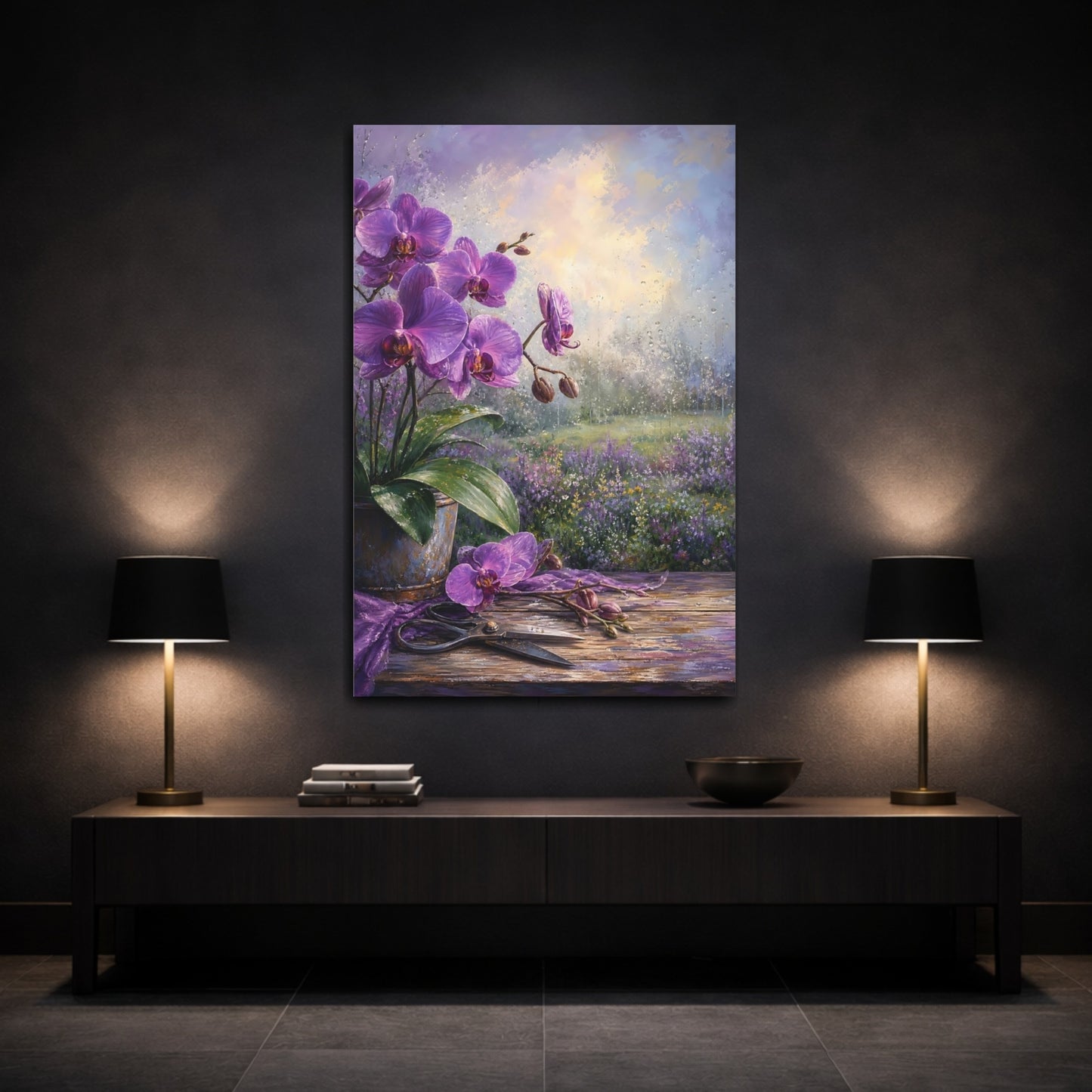 Mockup 3. Floral Purple Orchids Purple Orchid shown as stretched canvas wall art