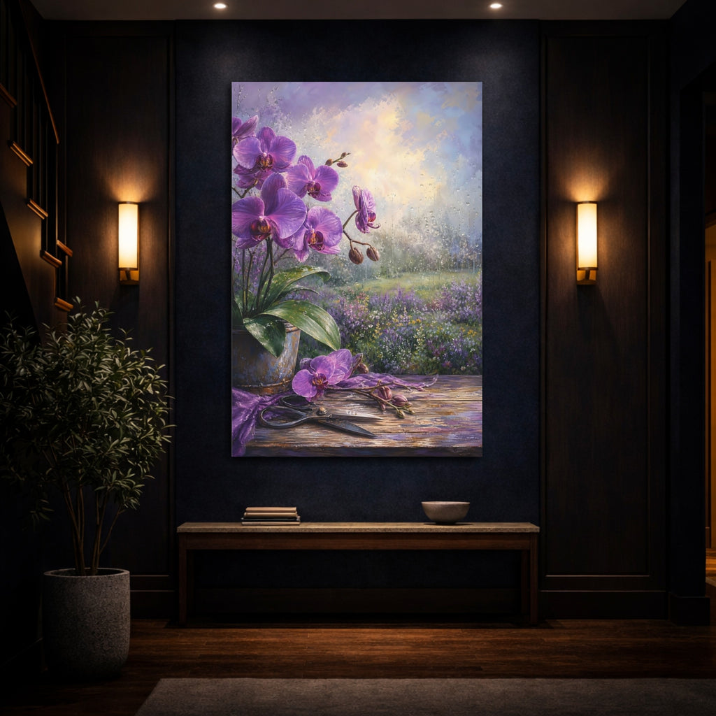 Mockup 4. Floral Purple Orchids Purple Orchid shown as stretched canvas wall art