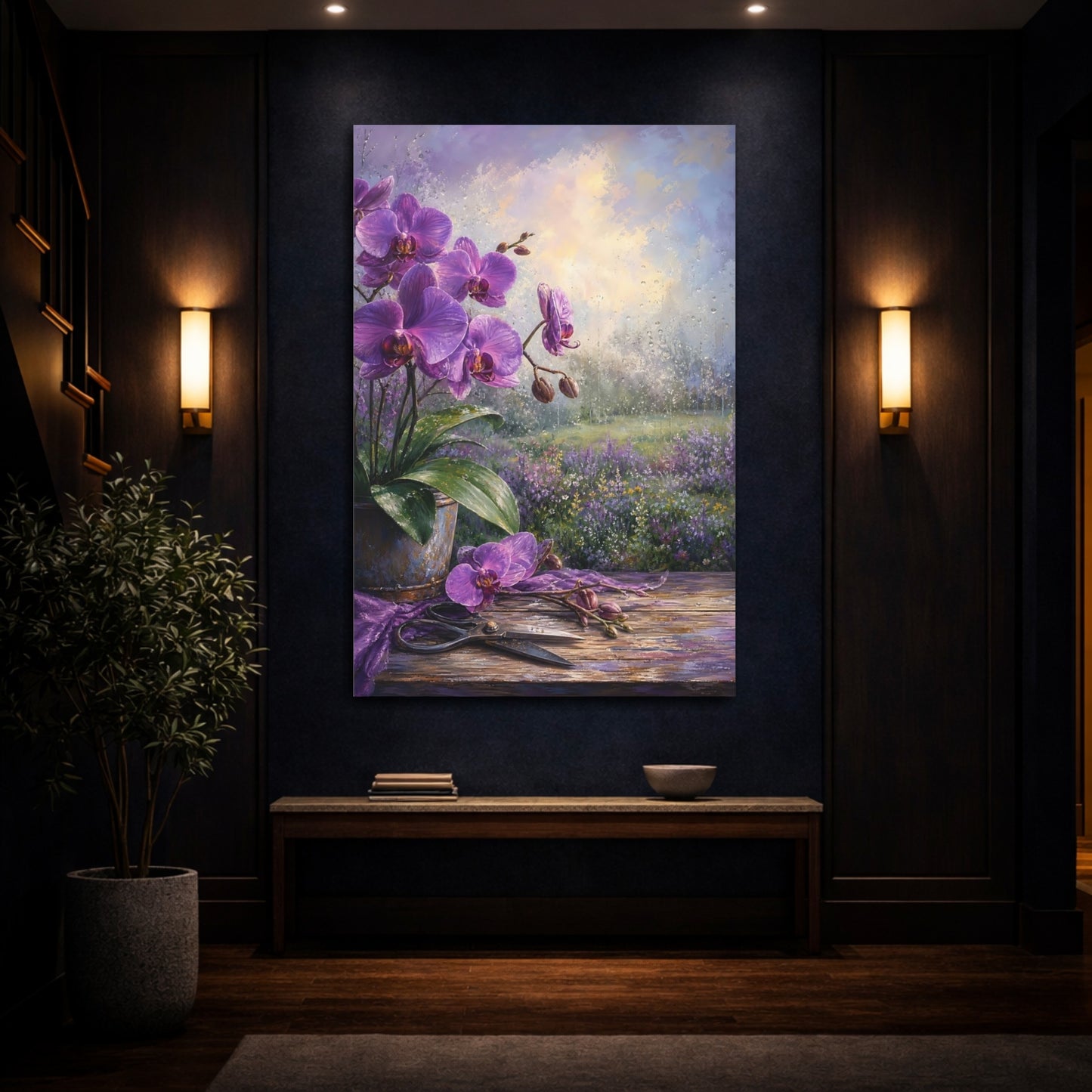 Mockup 4. Floral Purple Orchids Purple Orchid shown as stretched canvas wall art