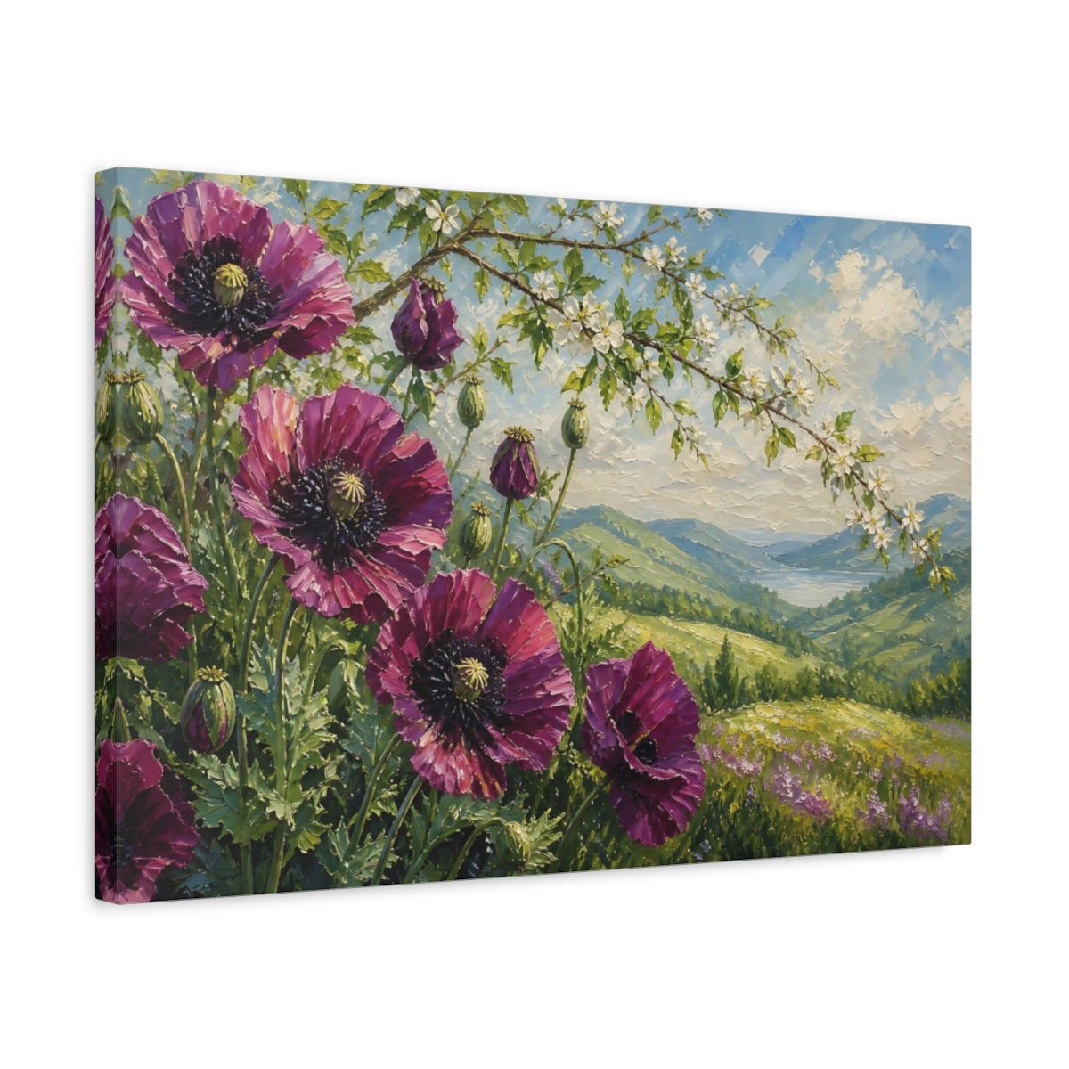 Side Mockup 3. Floral Purple Poppies Purple Poppies shown as stretched canvas wall art