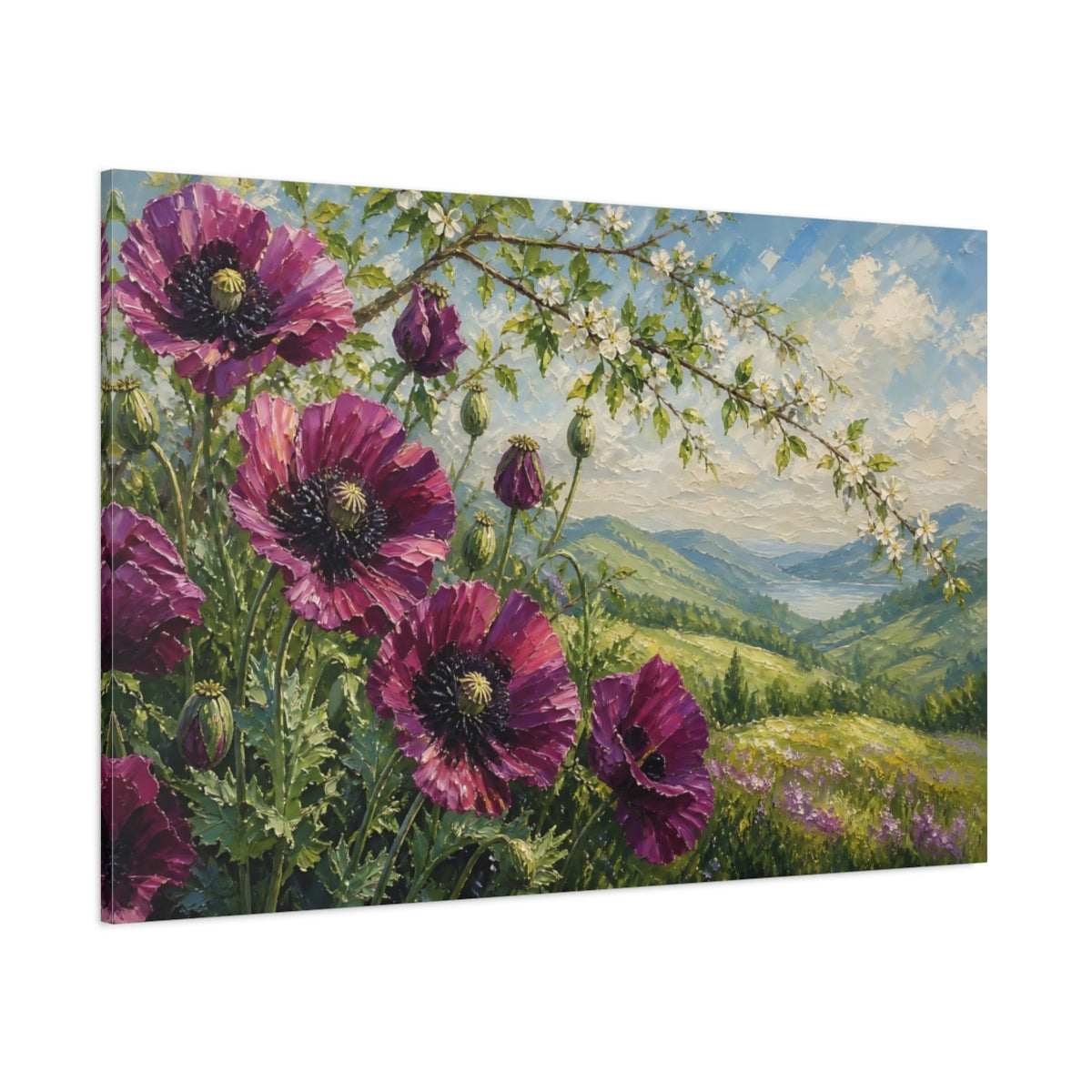 Side Mockup 1. Floral Purple Poppies Purple Poppies shown as stretched canvas wall art