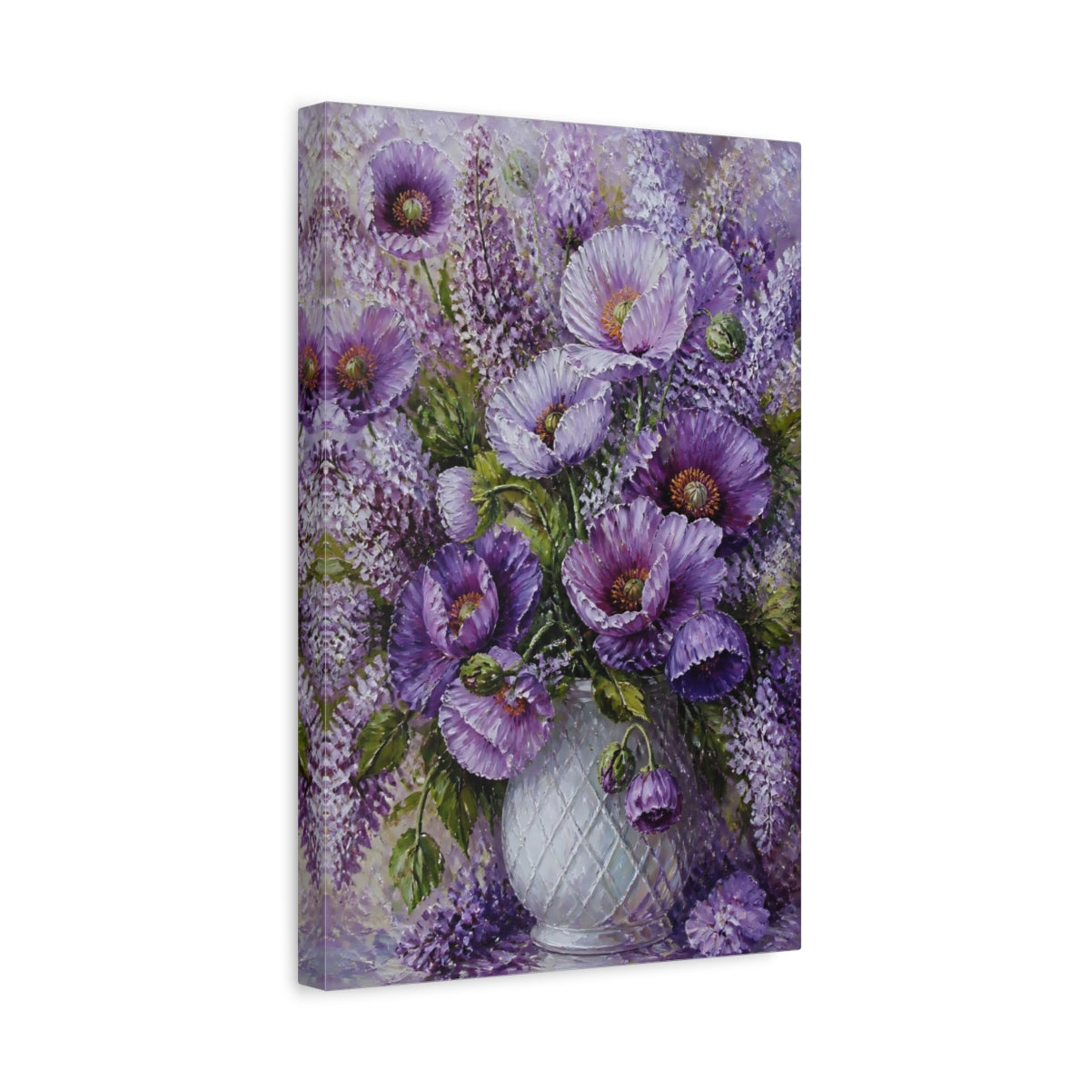 Side Mockup 4. Floral Purple Poppies Purple Floral shown as stretched canvas wall art