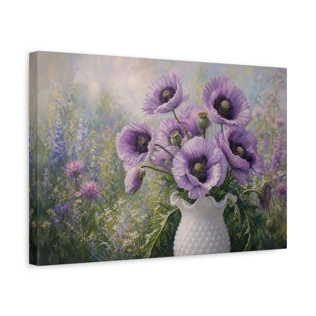 Side Mockup 4. Floral Purple Poppies Purple Poppies shown as stretched canvas wall art