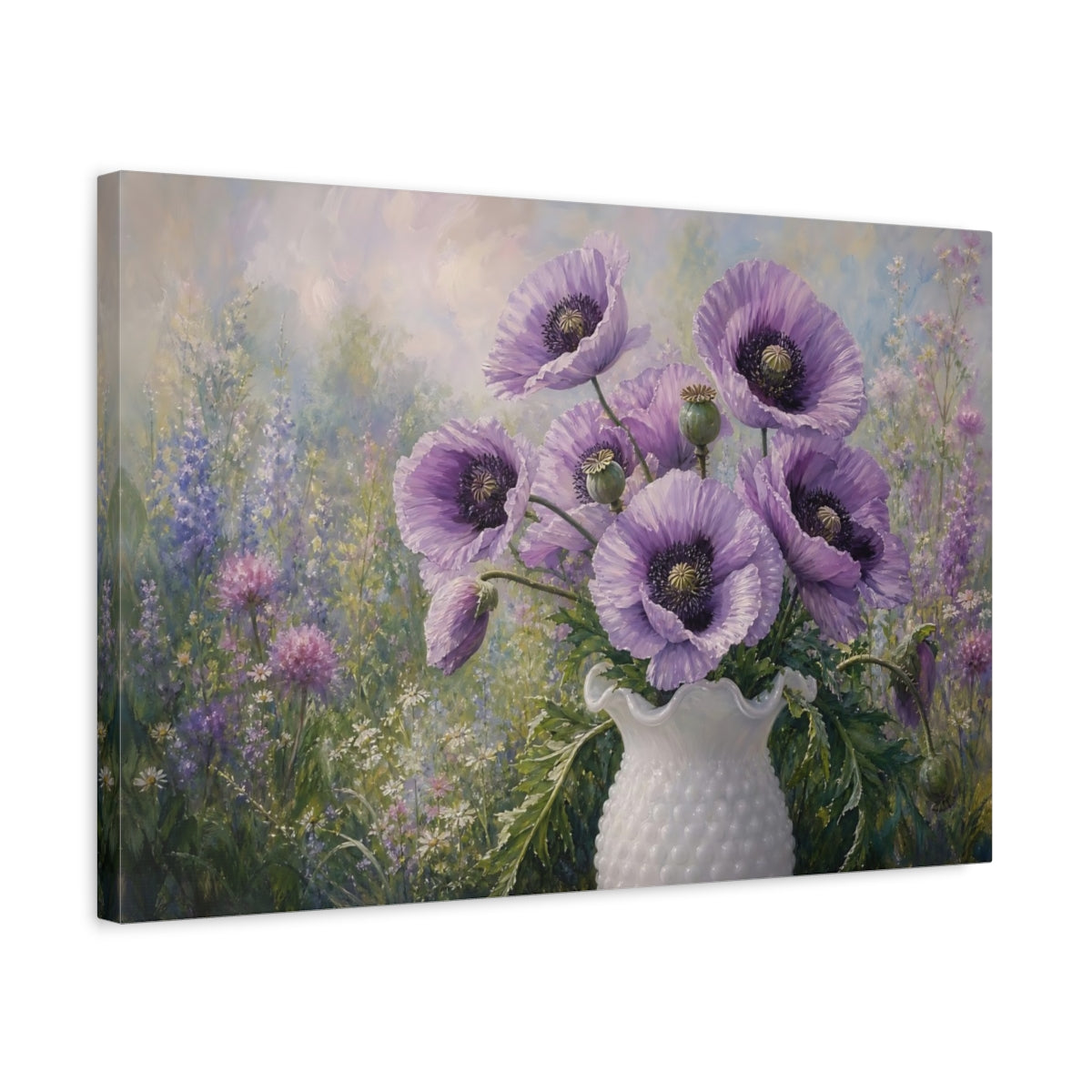 Side Mockup 3. Floral Purple Poppies Purple Poppies shown as stretched canvas wall art
