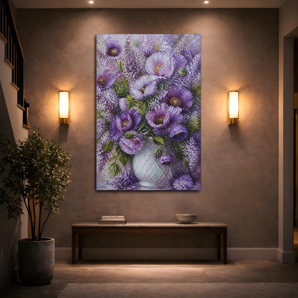 Mockup 2. Floral Purple Poppies Purple Floral shown as stretched canvas wall art