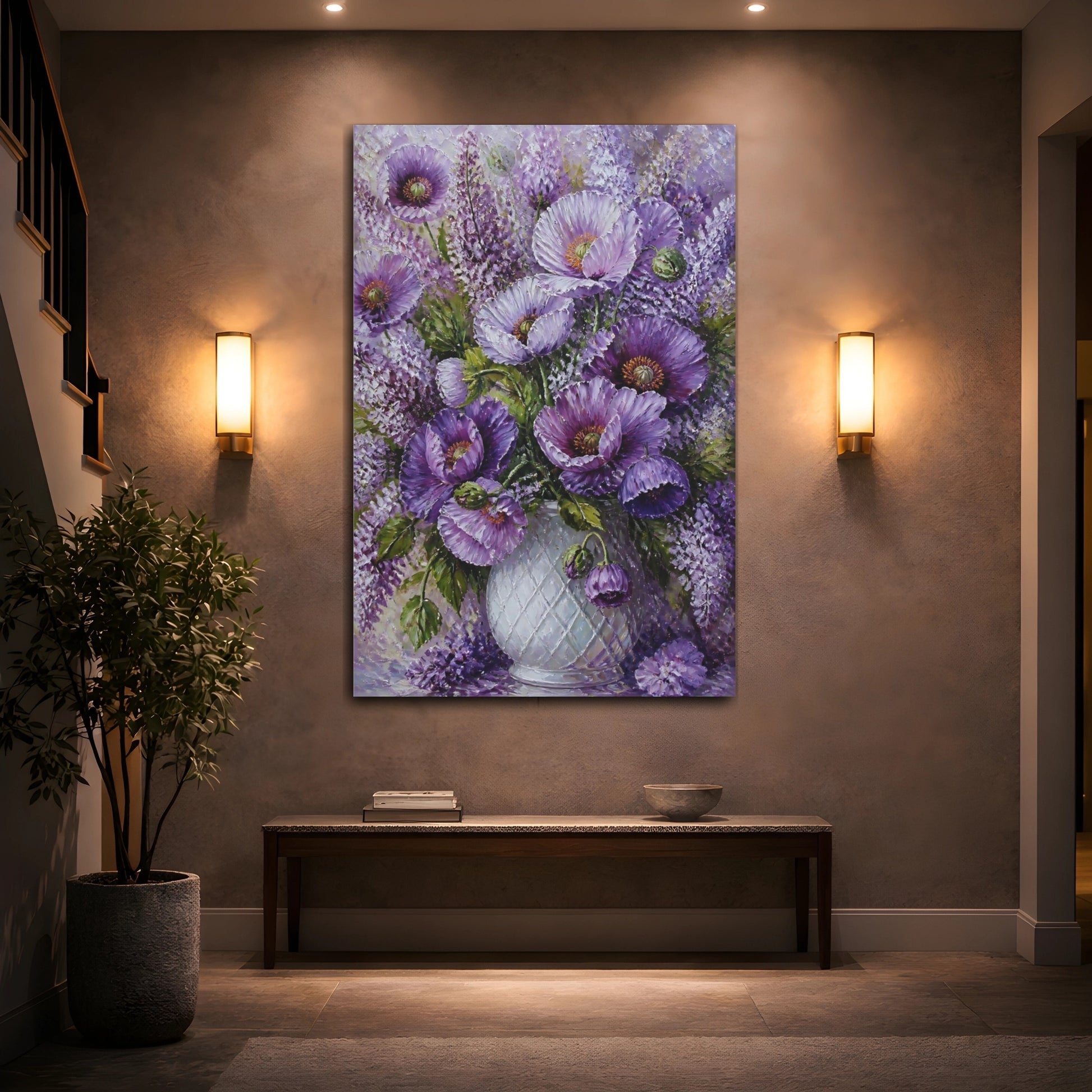 Mockup 2. Floral Purple Poppies Purple Floral shown as stretched canvas wall art