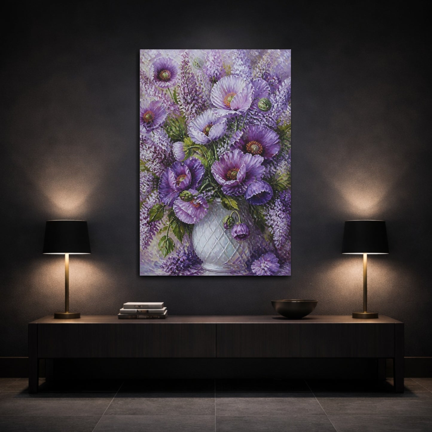 Mockup 3. Floral Purple Poppies Purple Floral shown as stretched canvas wall art