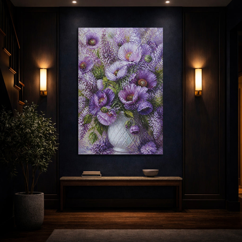 Mockup 4. Floral Purple Poppies Purple Floral shown as stretched canvas wall art