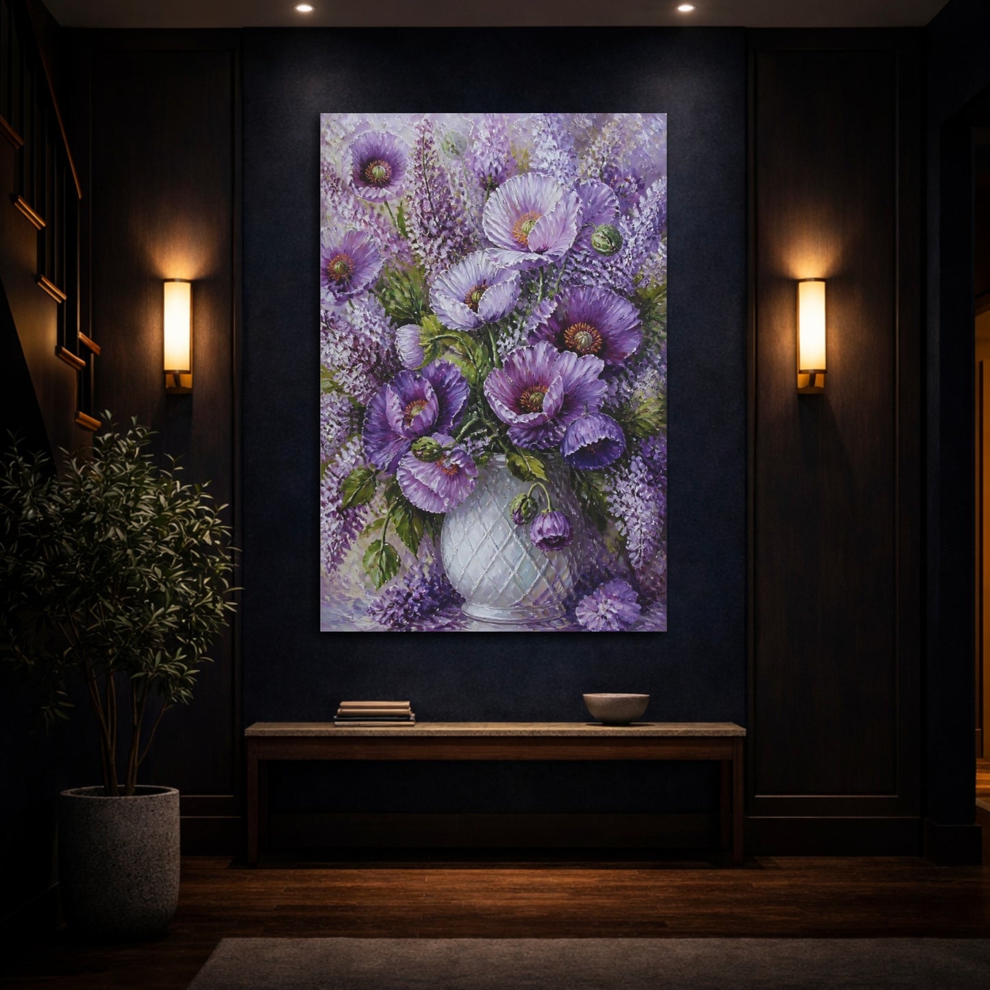 Mockup 4. Floral Purple Poppies Purple Floral shown as stretched canvas wall art