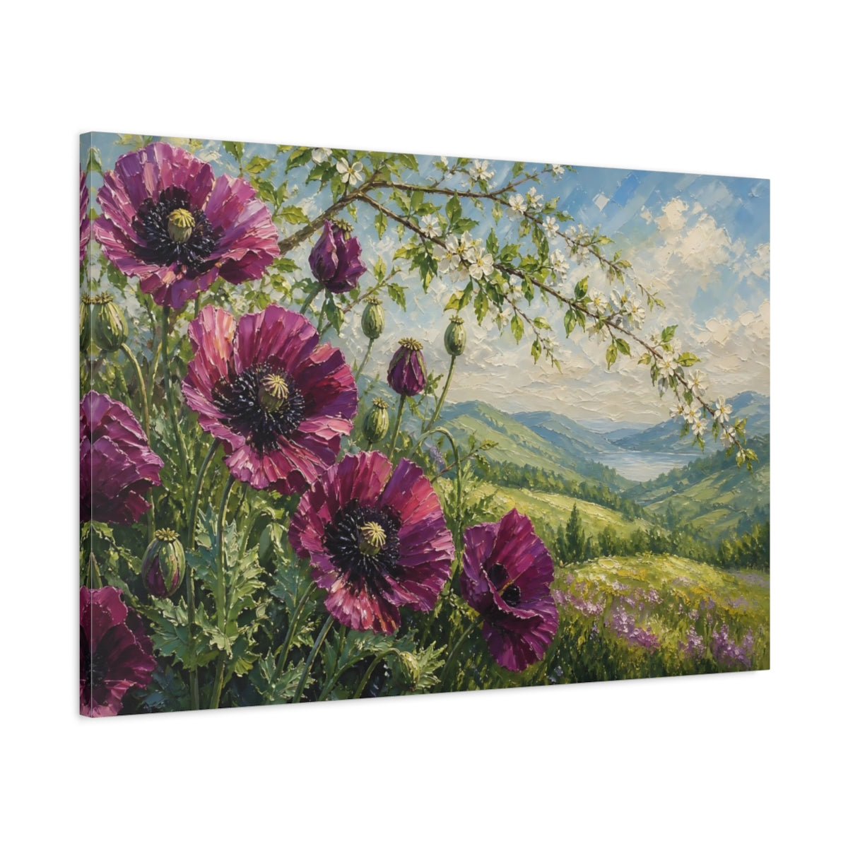 Main Mockup. Floral Purple Poppies Purple Poppies shown as stretched canvas wall art