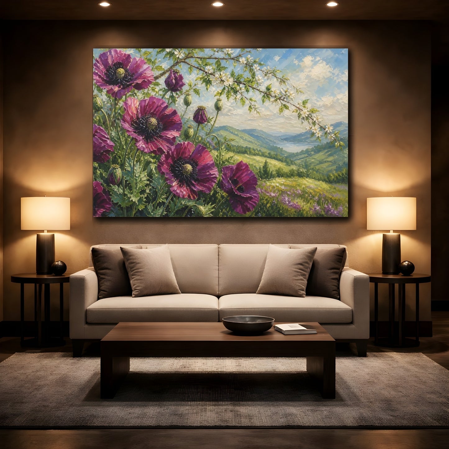 Mockup 2. Floral Purple Poppies Purple Poppies shown as stretched canvas wall art