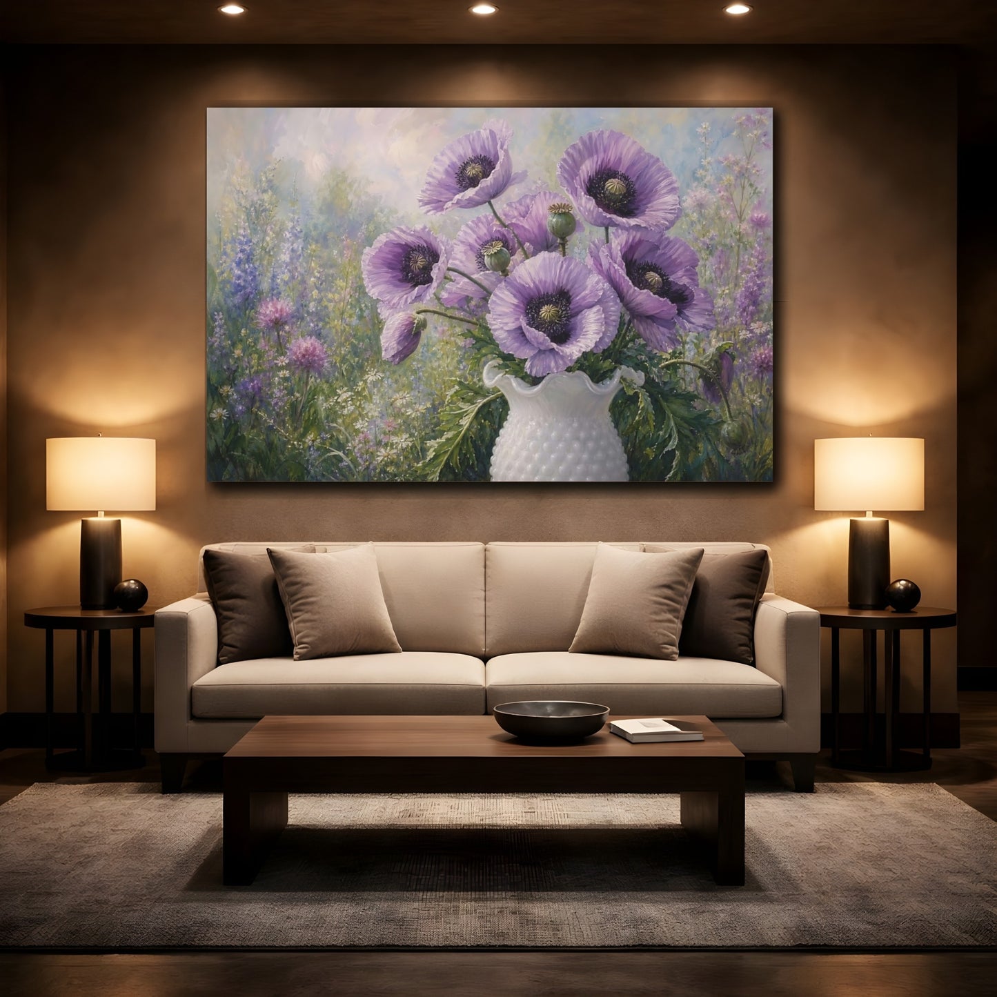 Mockup 2. Floral Purple Poppies Purple Poppies shown as stretched canvas wall art