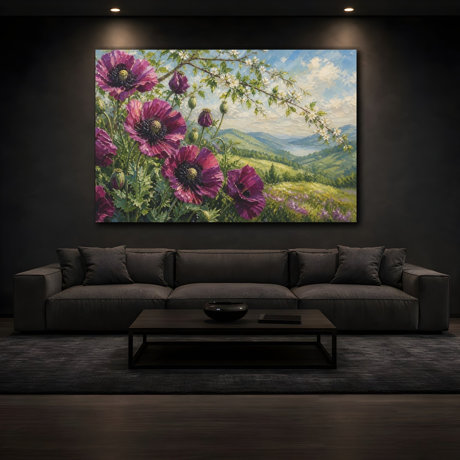 Mockup 3. Floral Purple Poppies Purple Poppies shown as stretched canvas wall art