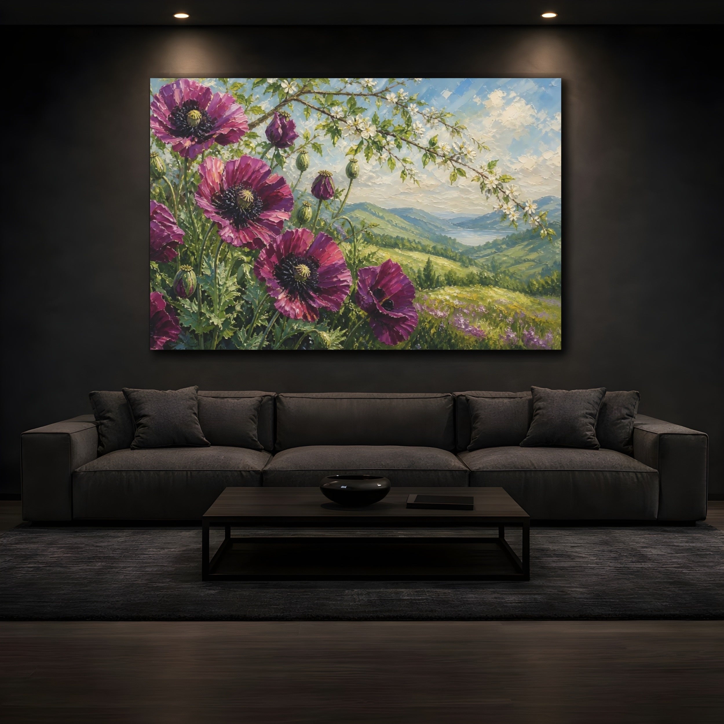 Mockup 3. Floral Purple Poppies Purple Poppies shown as stretched canvas wall art