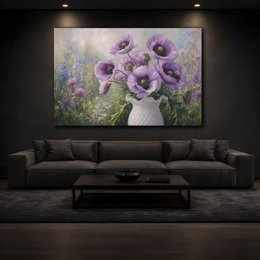 Mockup 3. Floral Purple Poppies Purple Poppies shown as stretched canvas wall art