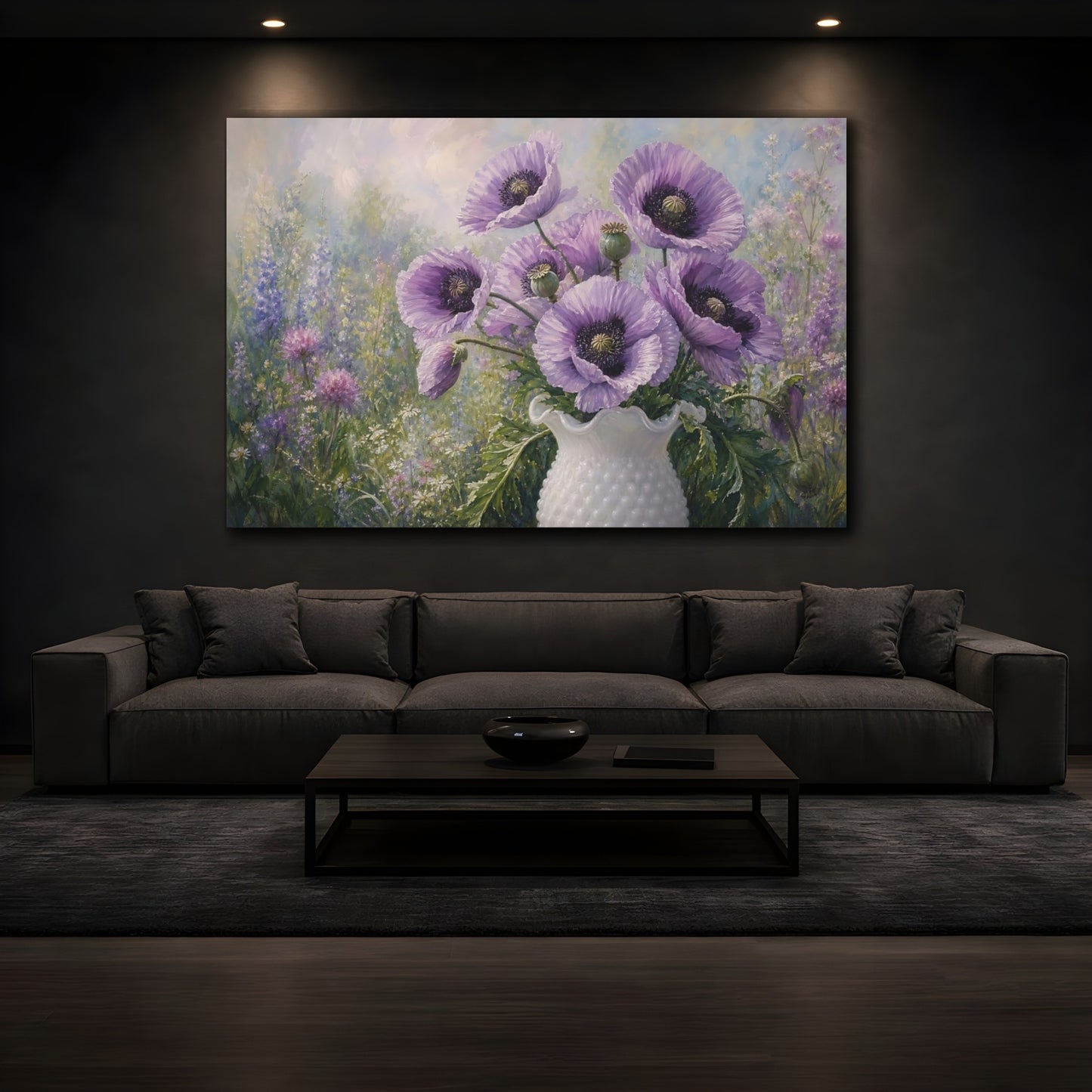 Mockup 3. Floral Purple Poppies Purple Poppies shown as stretched canvas wall art