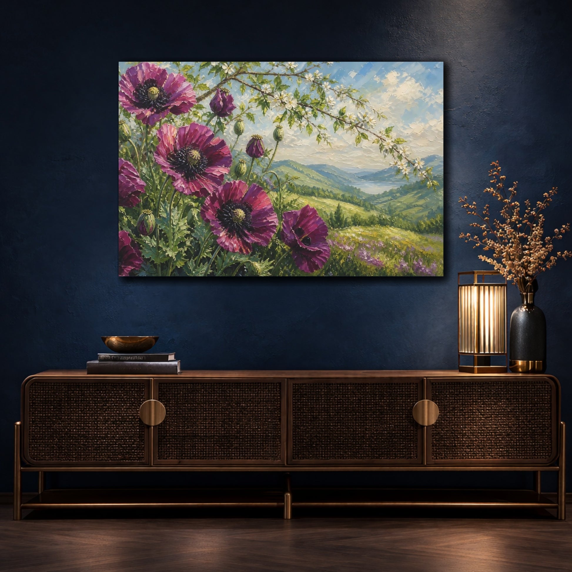 Mockup 4. Floral Purple Poppies Purple Poppies shown as stretched canvas wall art