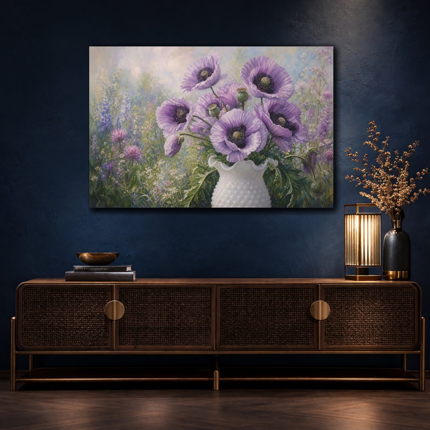 Mockup 4. Floral Purple Poppies Purple Poppies shown as stretched canvas wall art