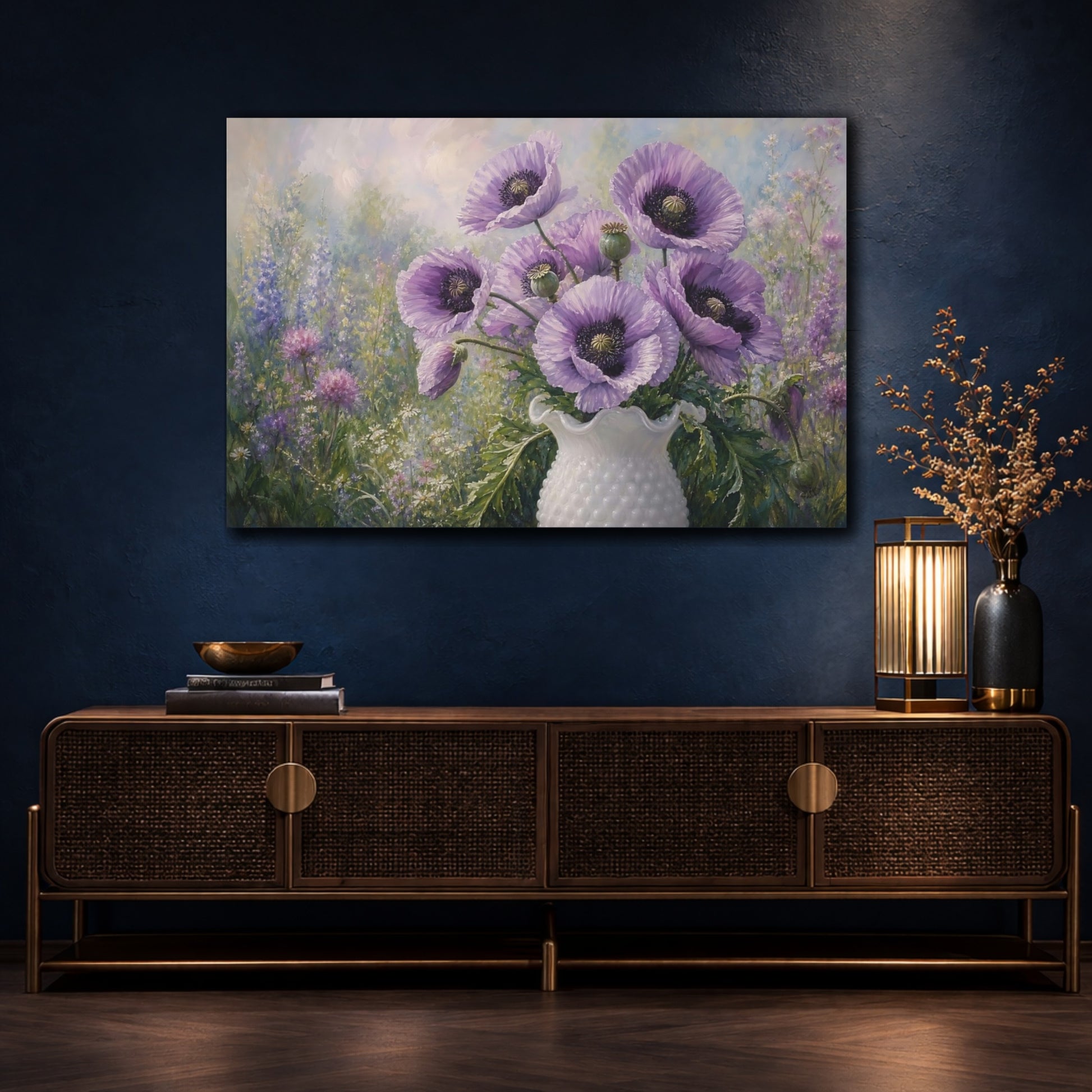 Mockup 4. Floral Purple Poppies Purple Poppies shown as stretched canvas wall art