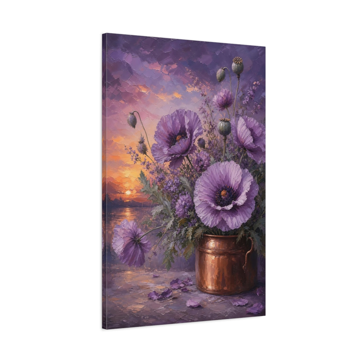 Main Mockup. Floral Purple Poppies Purple Poppies Sunset shown as stretched canvas wall art