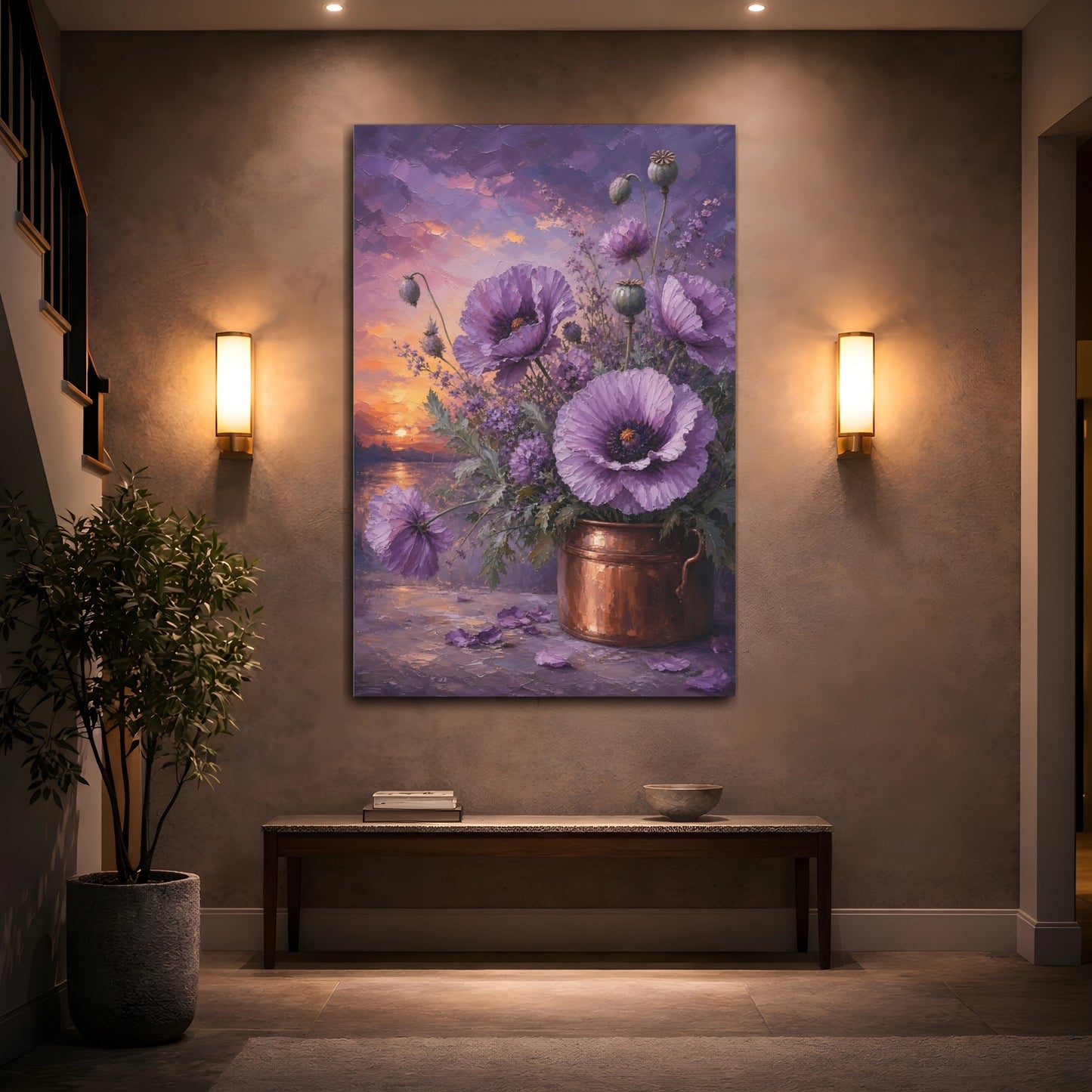 Mockup 2. Floral Purple Poppies Purple Poppies Sunset shown as stretched canvas wall art