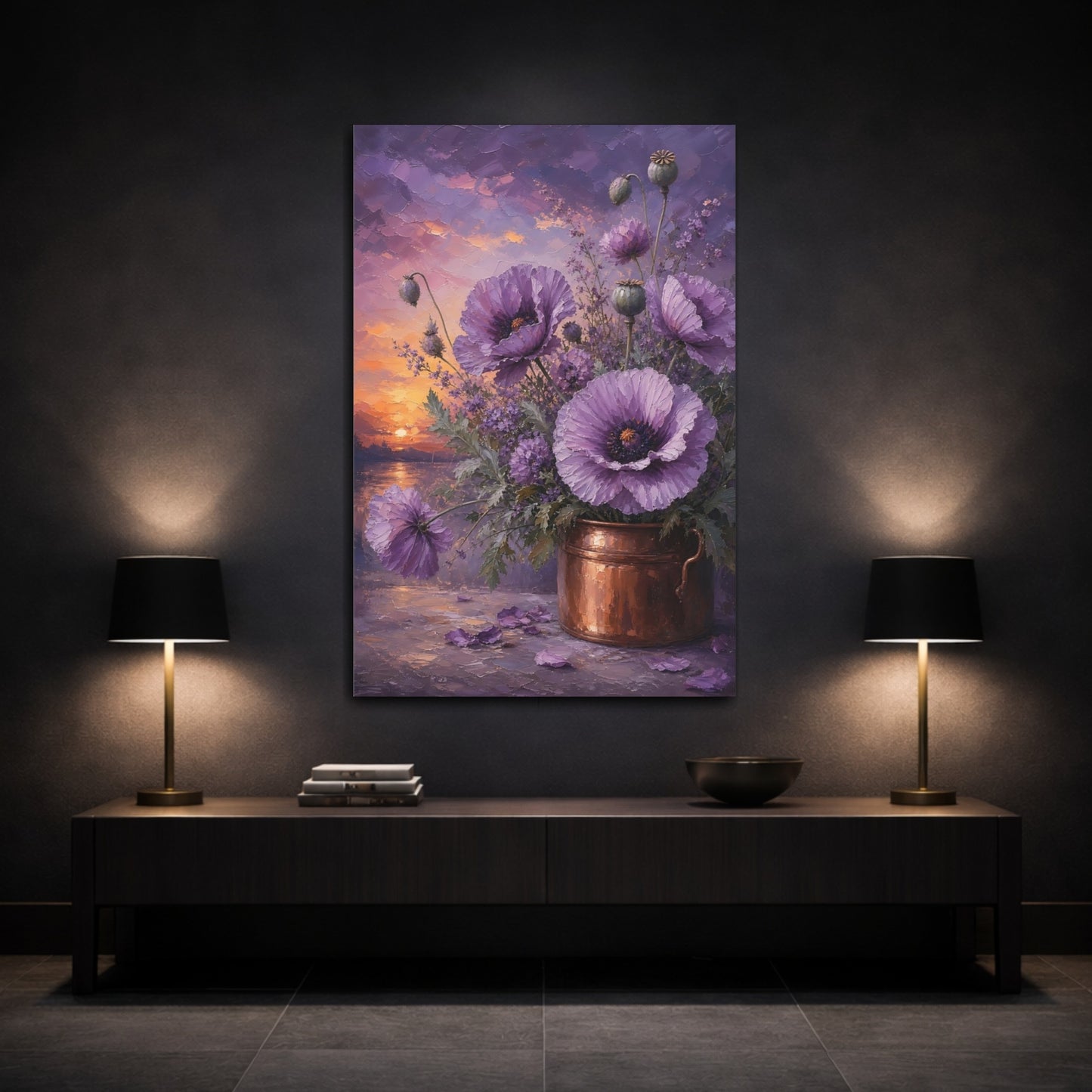 Mockup 3. Floral Purple Poppies Purple Poppies Sunset shown as stretched canvas wall art
