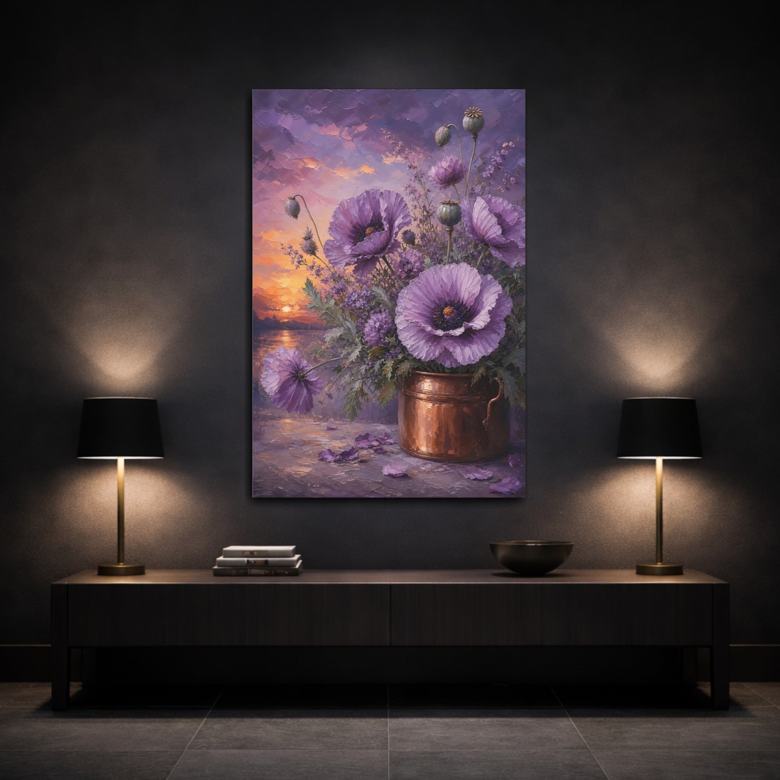 Mockup 3. Floral Purple Poppies Purple Poppies Sunset shown as stretched canvas wall art
