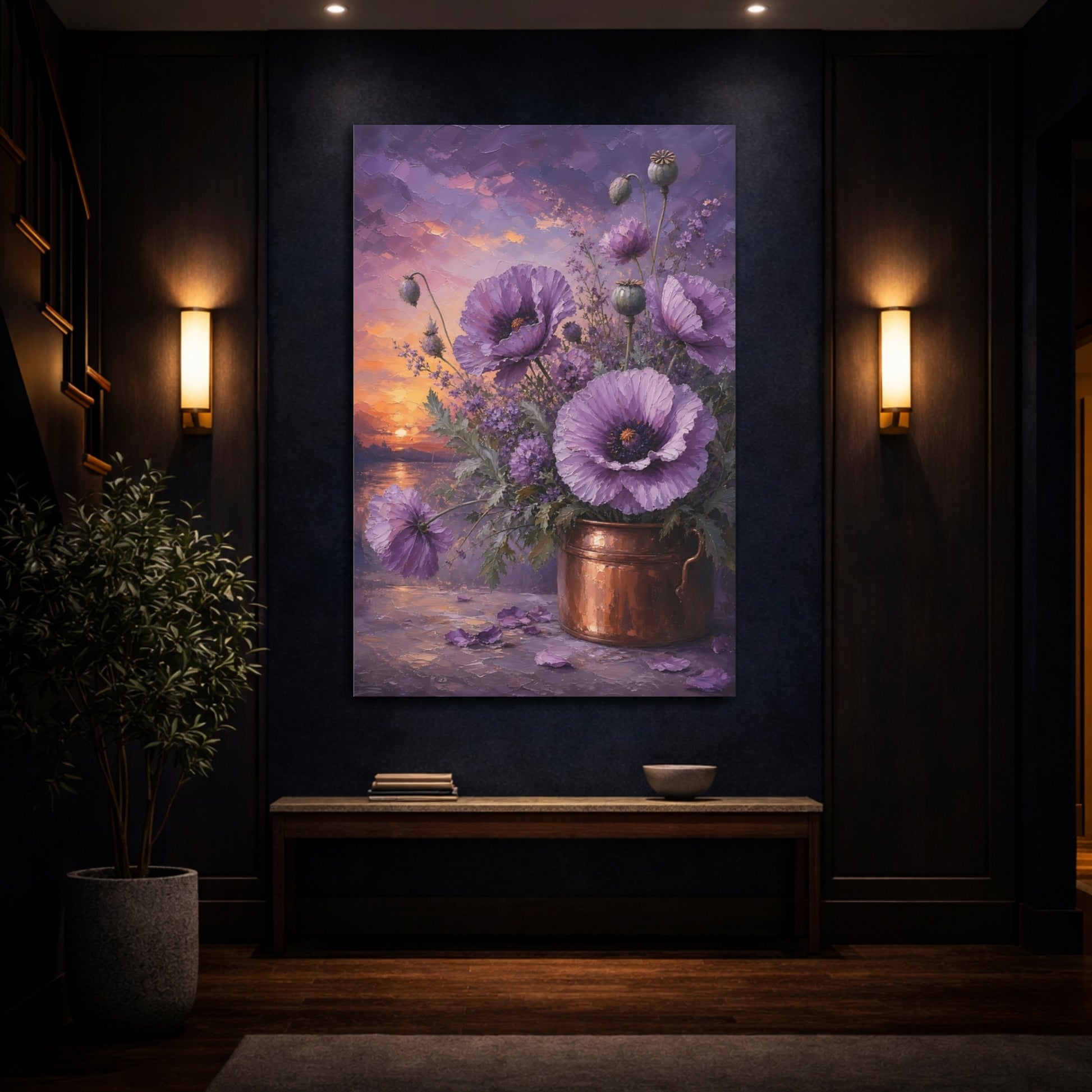 Mockup 4. Floral Purple Poppies Purple Poppies Sunset shown as stretched canvas wall art