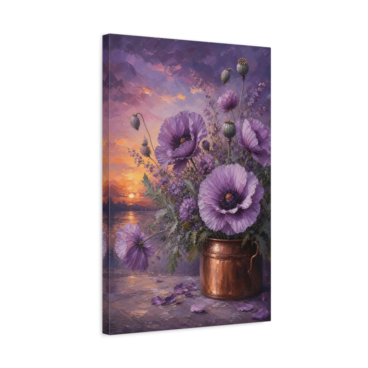 Side Mockup 3. Floral Purple Poppies Purple Poppies Sunset shown as stretched canvas wall art