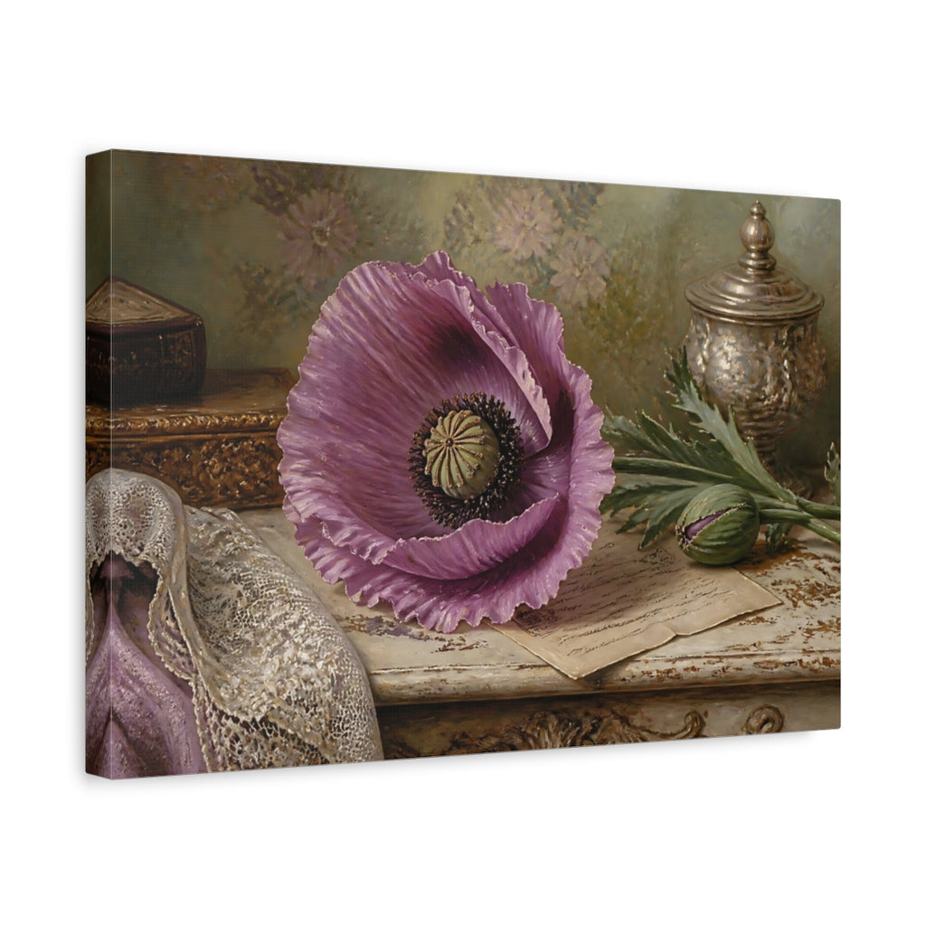 Side Mockup 4. Floral Purple Poppy Purple Floral shown as stretched canvas wall art