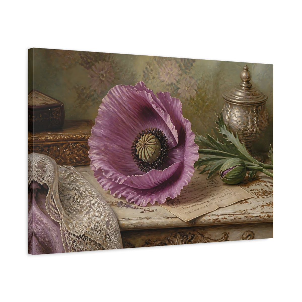 Side Mockup 2. Floral Purple Poppy Purple Floral shown as stretched canvas wall art